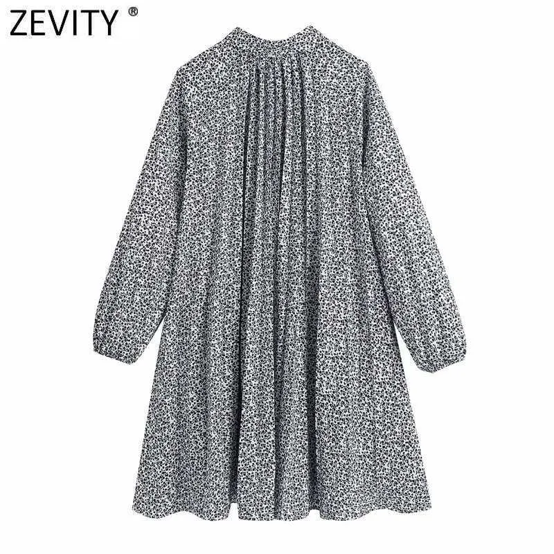 Zevity Abito camicia a pieghe con stampa floreale vintage da donna Femme Chic Colletto rovesciato Casual allentato Business Mini Vestido DS5079 210603