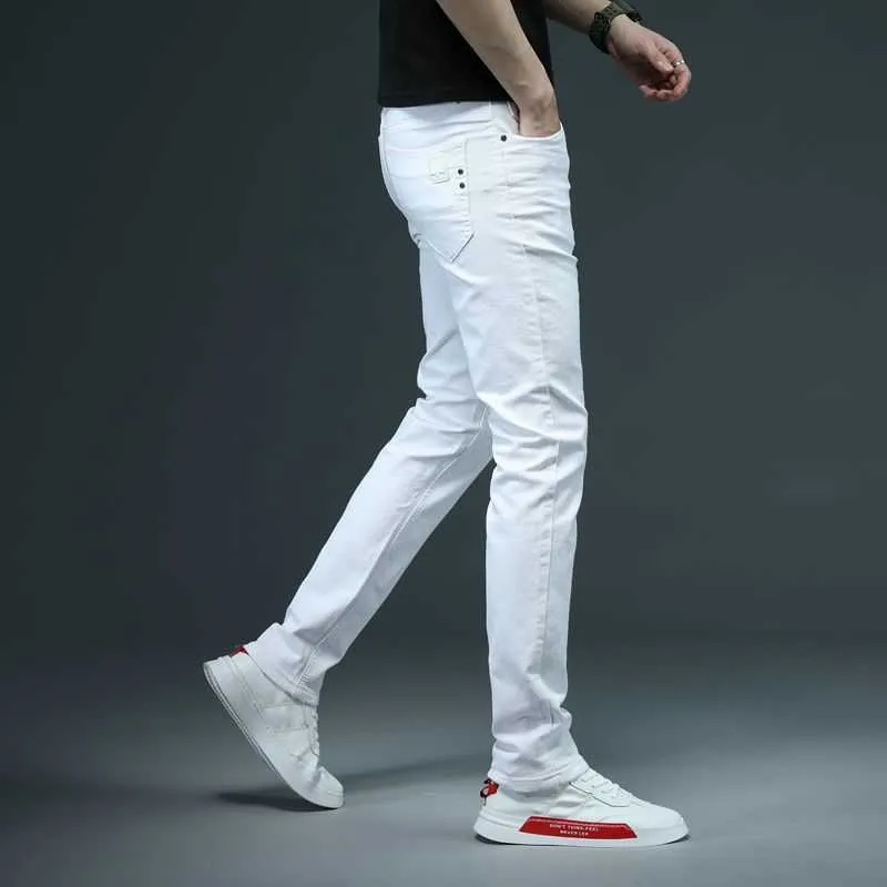 SHAN BAO Men's Fitted Slim White Jeans Spring Classic Brand High Quality Comfortable Cotton Stretch Fashion Casual Pants 210716