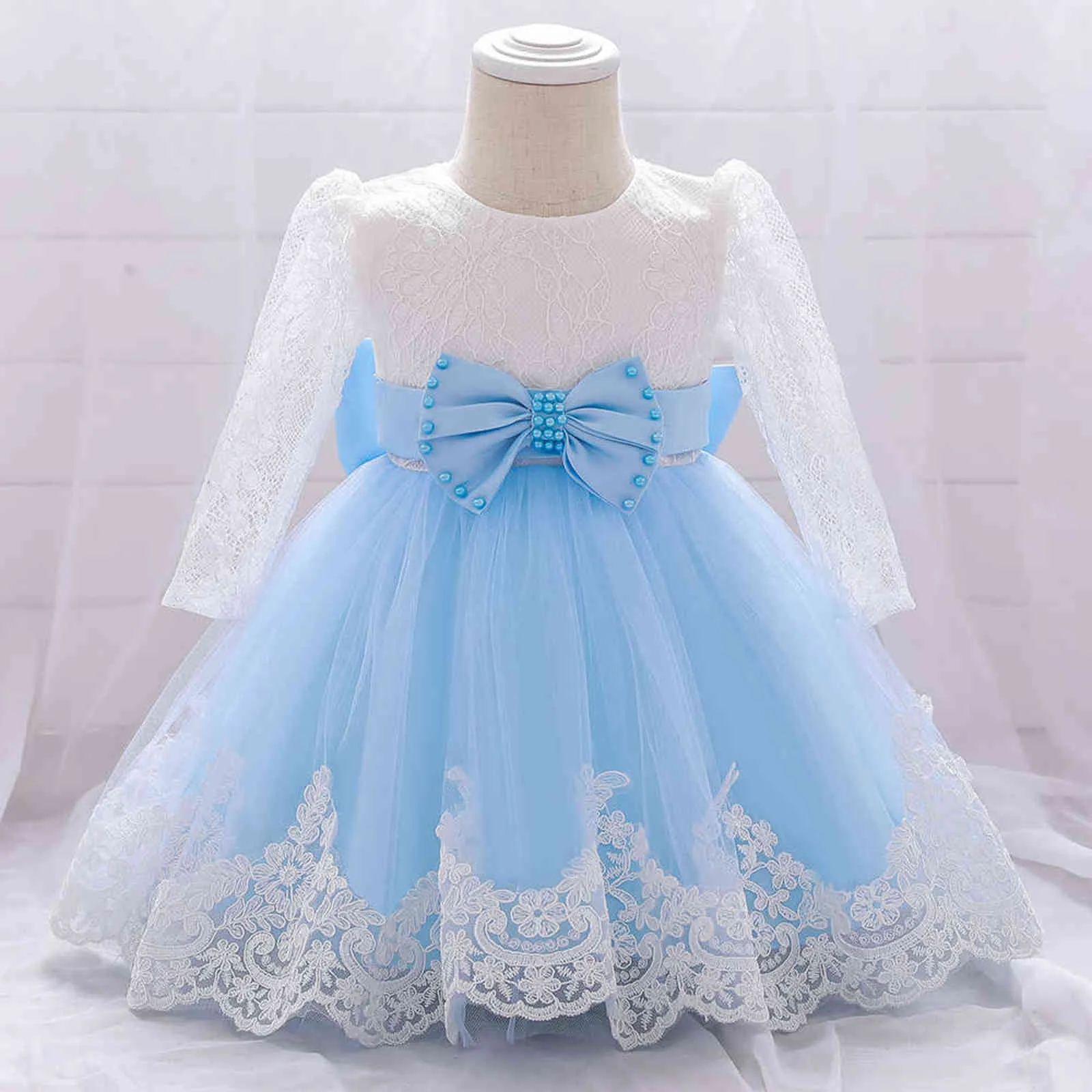 Baby Girl Dresses Party and Wedding Newborn Girl Långärmad Spets Klänningar med Big Bow Infant Girl 1st Birthday Princess Dress G1129