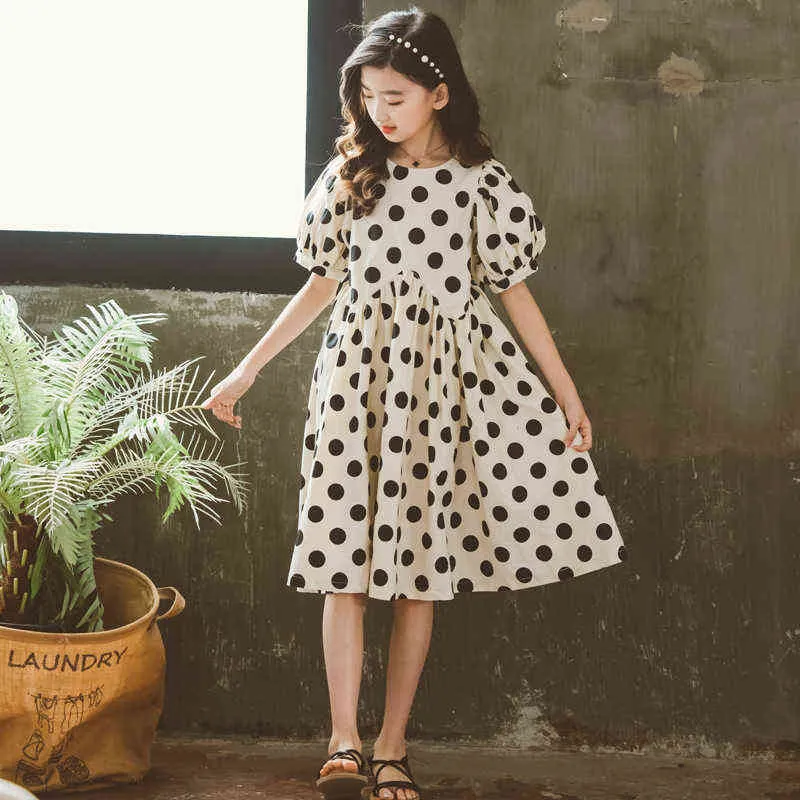 Girls Summer Midi Dress Cotton 2021 New Kids Dresses for Children Teen Dot Clothes Baby Princess Cute,6 To 16 Years,# 6215 G1129