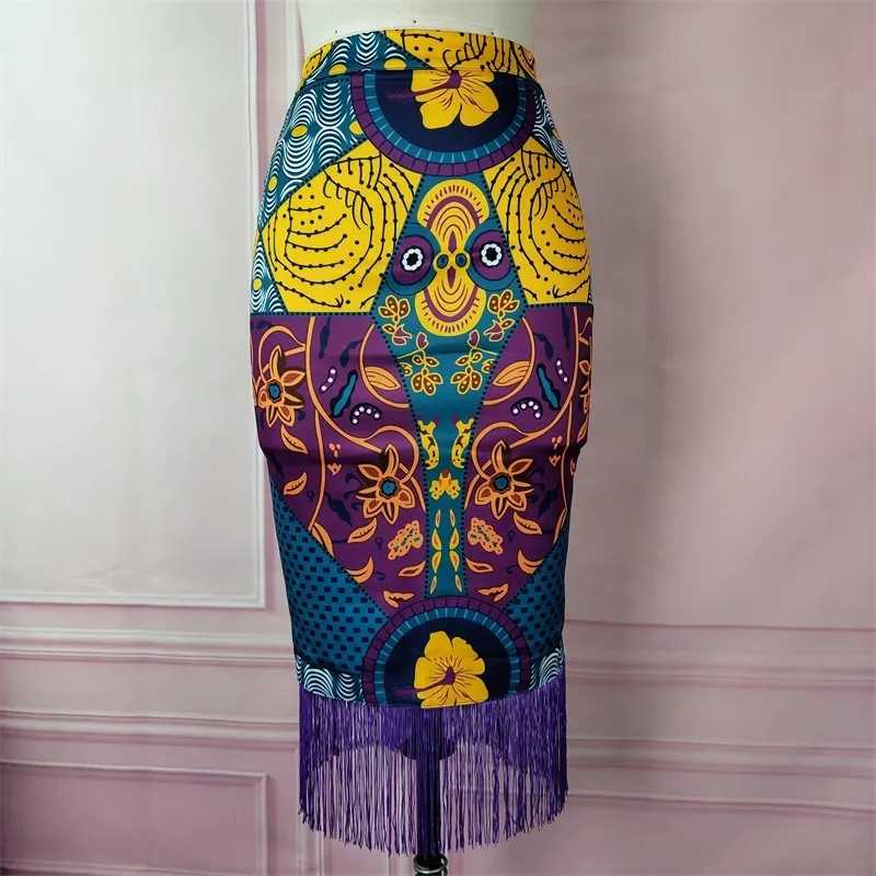 Kvinnans sommartryck kjol vintage blommig afrikansk mode hög midja tassel stilig blygsam elegant retro jupes falader släpp 210315