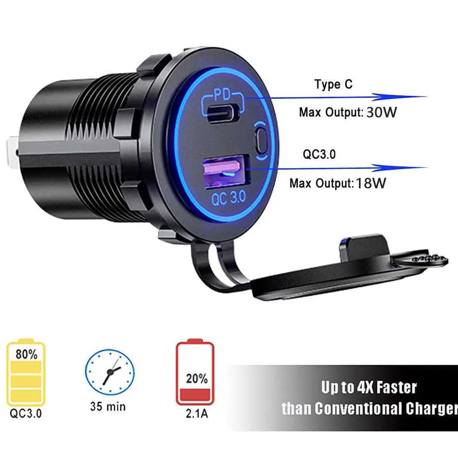 Car Truck 12V/24V SUV RV ATV Charger Socket USB Type C PD QC 3.0 Quick Charger With Switch USB Car Charger For iphone Laptop