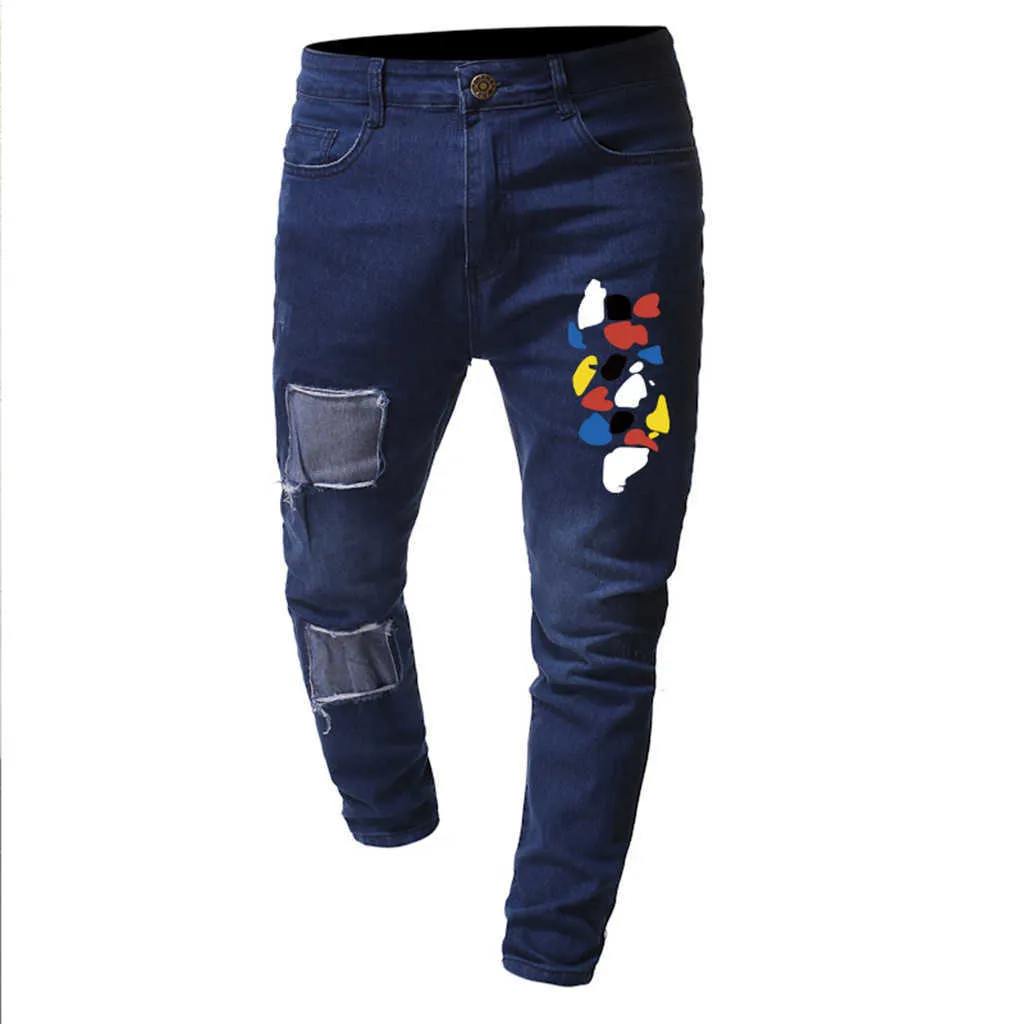 Men Ripped Jeans Slim Fit Denim Pant Biker Hip Hop Jeans Hole Taped Colorful Dot Print Skinny Distressed Denim Street Trouser X0621