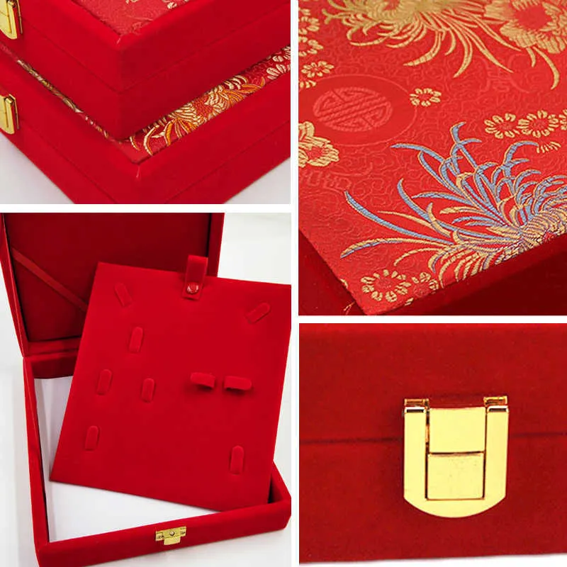 أحمر المخملية الزفاف العروس مجوهرات قلادة قلادة هدية مربع أقراط النمط الصيني حلية عرض حالة حامل المنظم مربع 211014