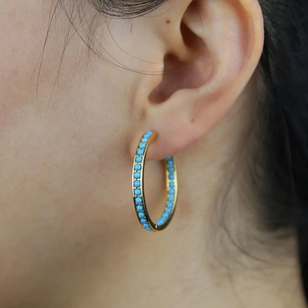 Ensemble de bijoux classiques pour femmes, couleur or, à la mode, ensemble de broches, pierre turquoise bleue, boucles d'oreilles Huggie, 30mm