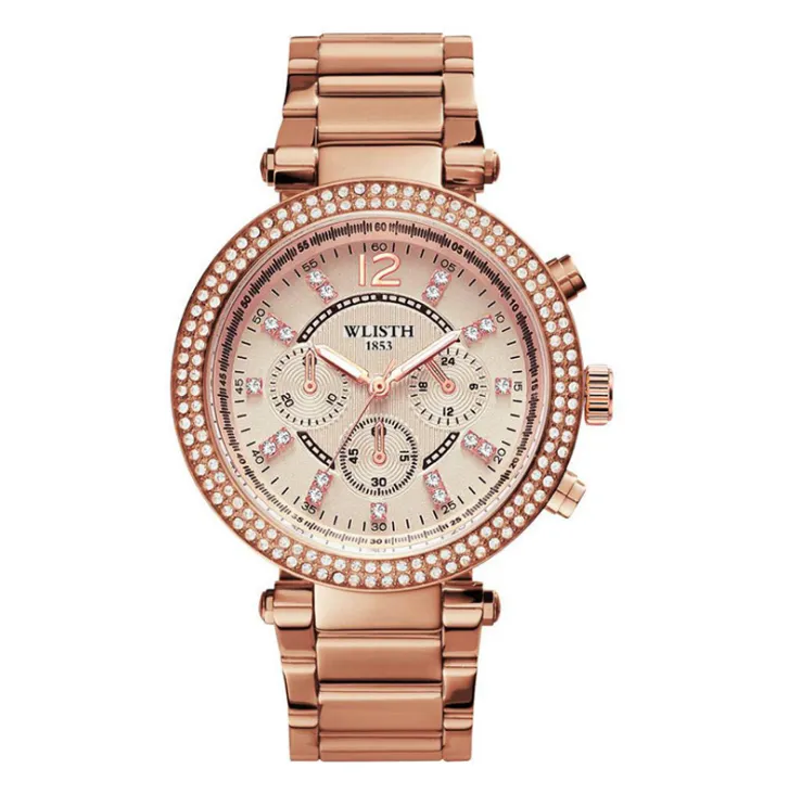 Bracelet en acier inoxydable Lignt luxe élégant femmes montres Moment parfait plein diamant cadran rond Quartz or rose montre-bracelet WLIS315z