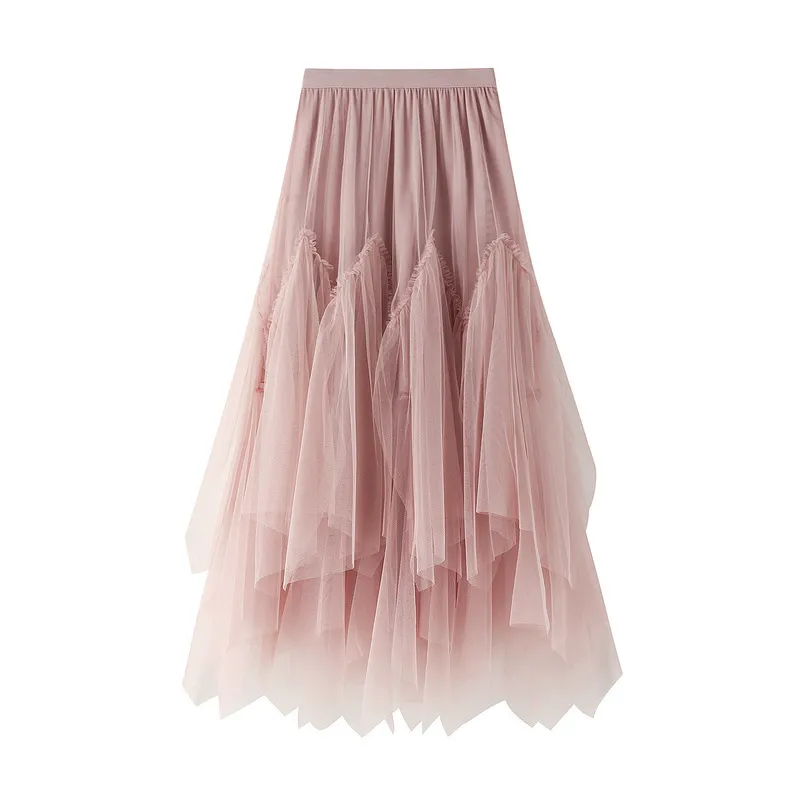 OHRYIYIE Women irregular Long Tulle Skirts Ladies High Waist Ankle-Length Tutu Maxi Skirts Beige Green Female Faldas Jupe Femme 210315