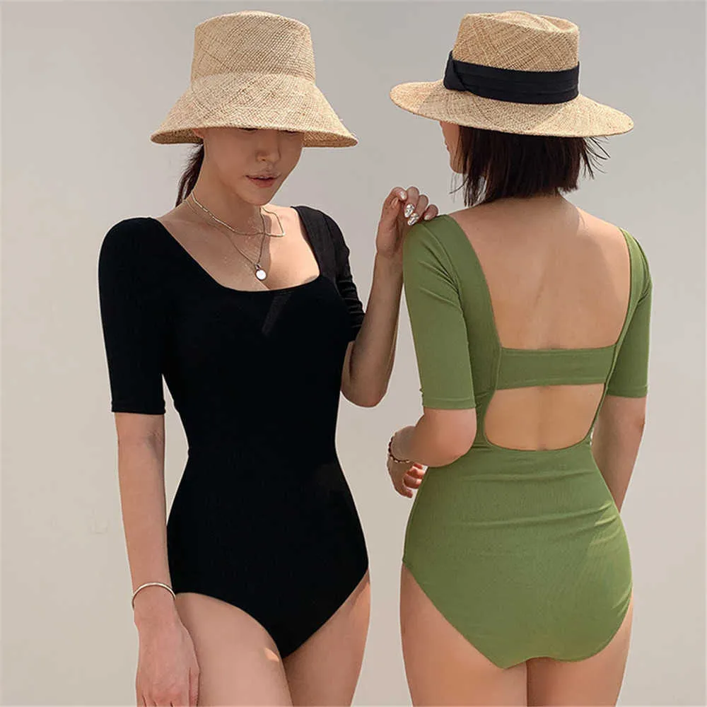 Costume da bagno sexy a maniche corte Costume da bagno solido da donna aperto sul retro Monokini Costume da bagno tagliato Corea Costume da bagno push up 210712