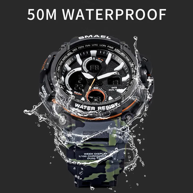 Smael kamuflaj askeri saat erkekler su geçirmez çift zaman gösterge erkek spor kol saati dijital analog kuvars saatler erkek 1708 210333o