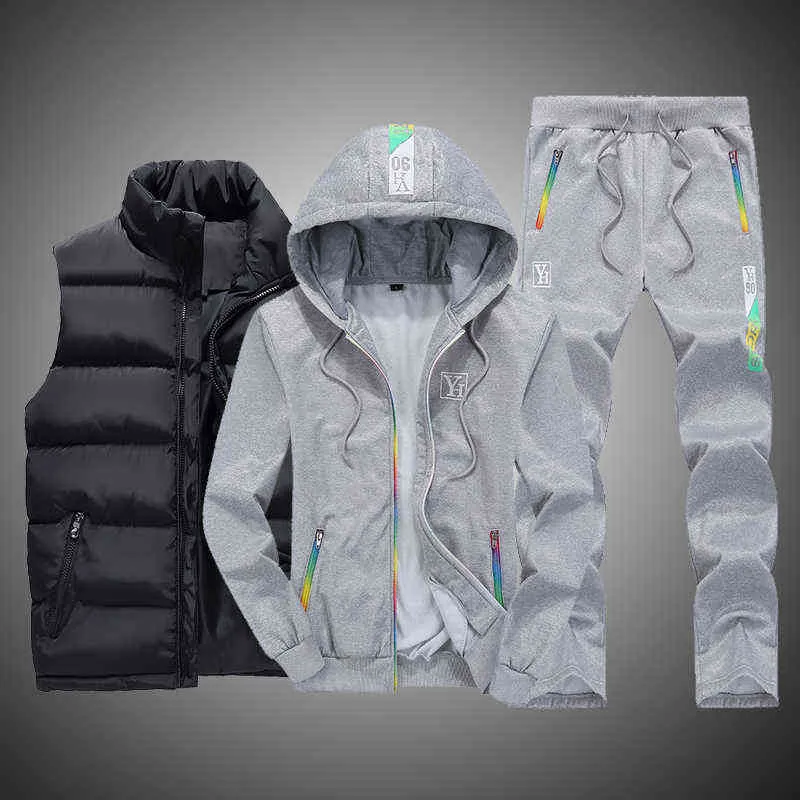 Sweat Suit Winter Vêtements pour hommes Ensembles pour hommes 3 pièces Gilet à capuche Ensemble polaire Zipper Casual Sport Sweatpant Hommes Survêtement Outfit 211109