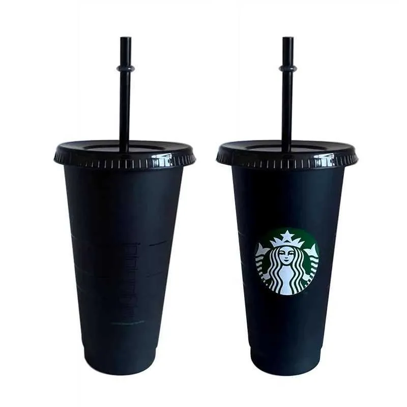 Nieuwe herbruikbare Starbucks Kleur Veranderende Koude Cups Kerst Glittery Cup Plastic Tumbler met Deksel en Stro Zwart Cup M Fairytale