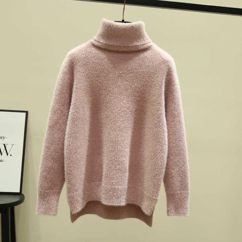 LY VAREY LIN Autumn Winter Women Oversized Sweater Turtleneck Solid Ladies Pullovers Loose Yellow Beige Warm Blue Tops 210526