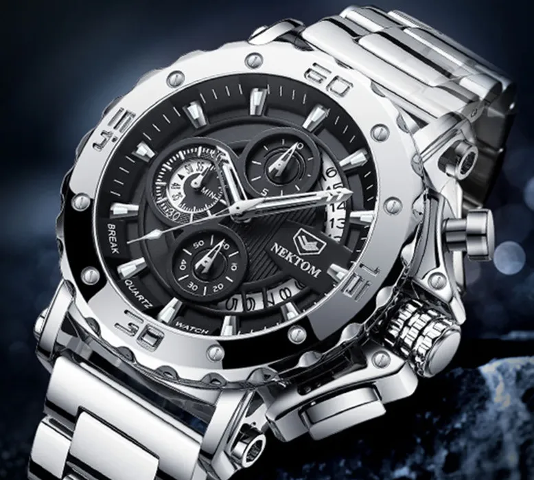 NEKTOM 316L qualité en acier inoxydable cadran et bracelet montre pour hommes creux mystère lumineux montres à quartz temps de voyage précis élégant 263B