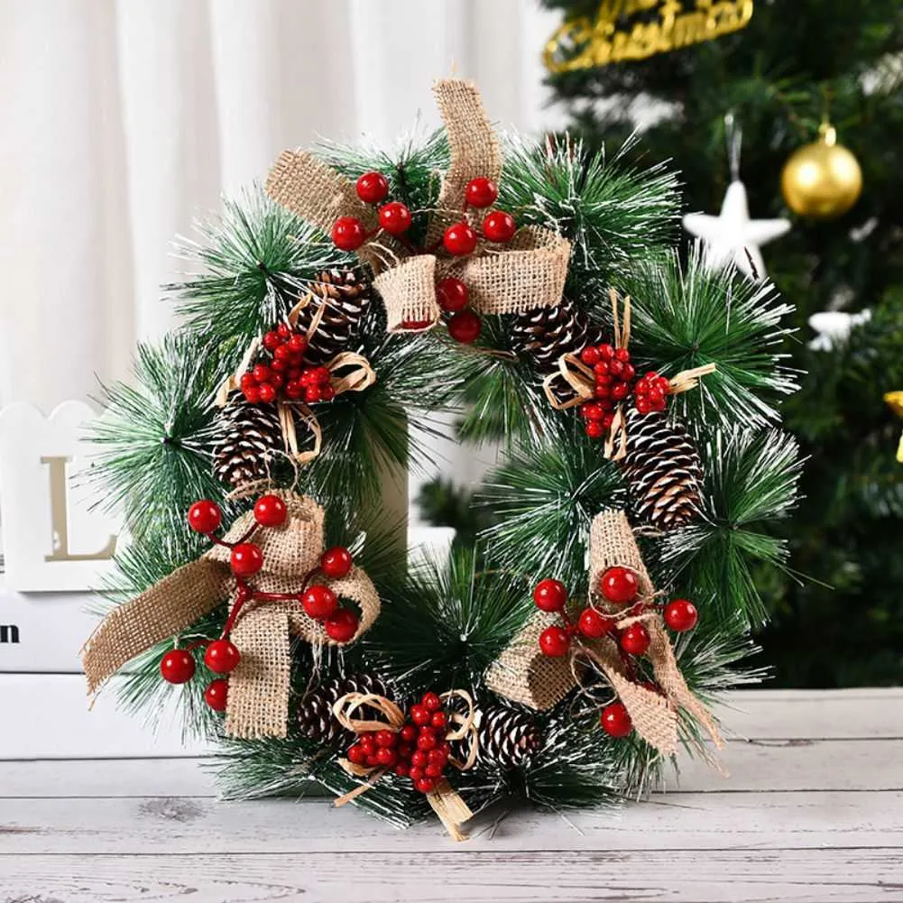 2022 Merry Christmas Wreath Artificial Pinecone Red Berries Garland Hanging Front Door Wall decoration Y0901