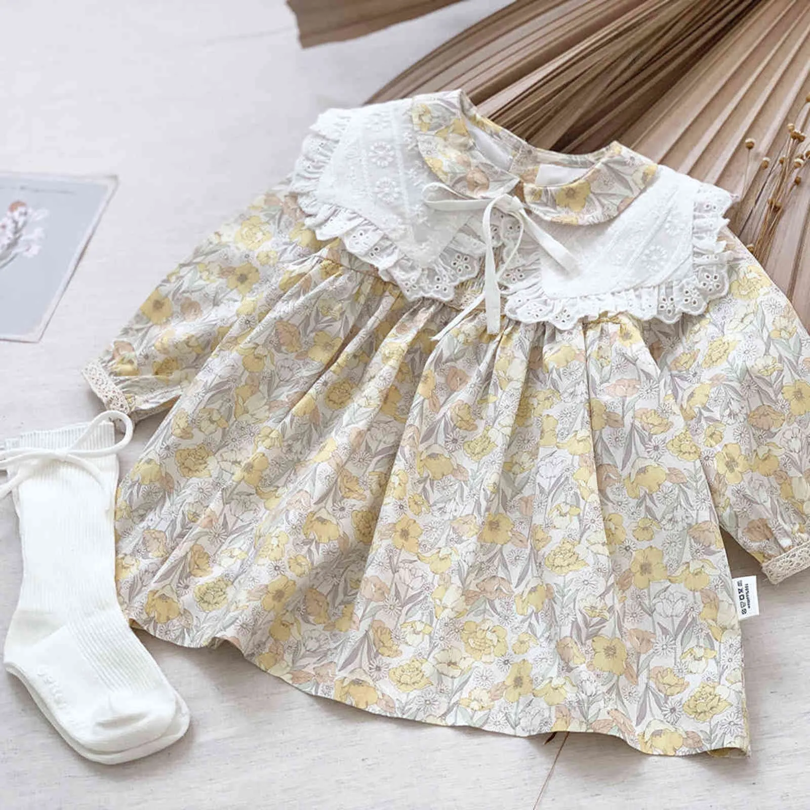 Höst baby flickor långärmad blommig klänning förtjusande kronblad panna krage prinsessa spets tutu klänning med bälte barn mode outfit g1129