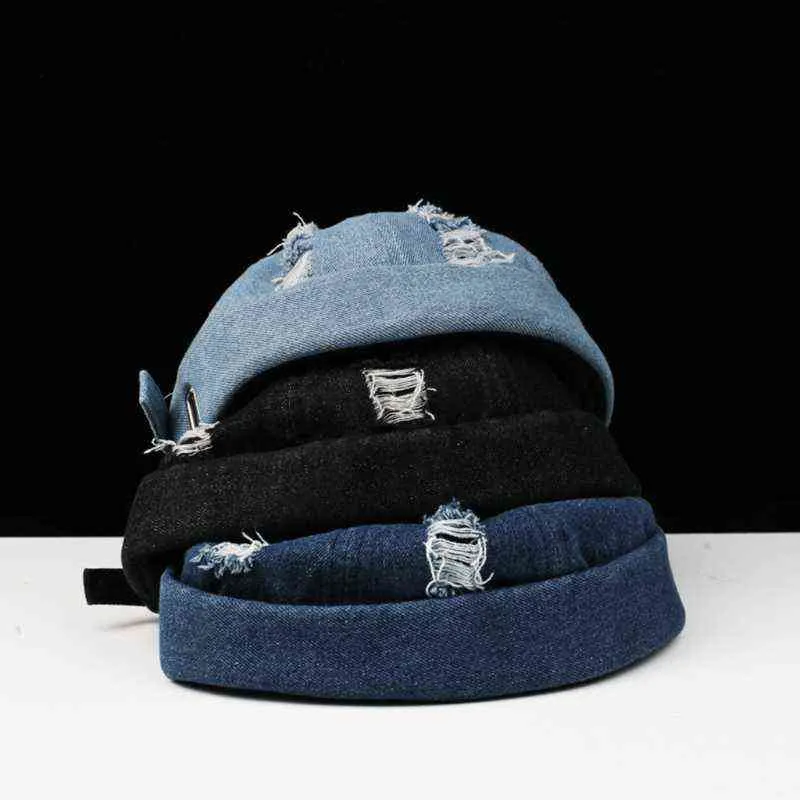 Casquette Docker Vintage déchirée sans bords en Denim, bonnet respirant, Style rétro japonais réglable O18 21 Drop Y21111228V