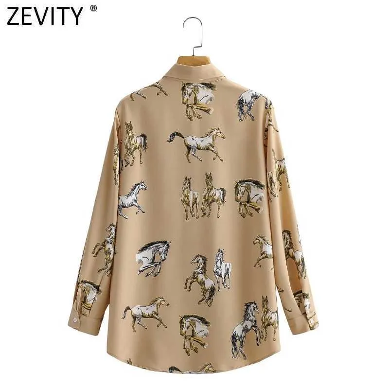 Zevidade Mulheres Vintage Animal Cavalo Caderno Camisas Camisas Escritório Senhoras Manga Longa Blusa de Negócios CHIC Feminino Tops LS9172 210603