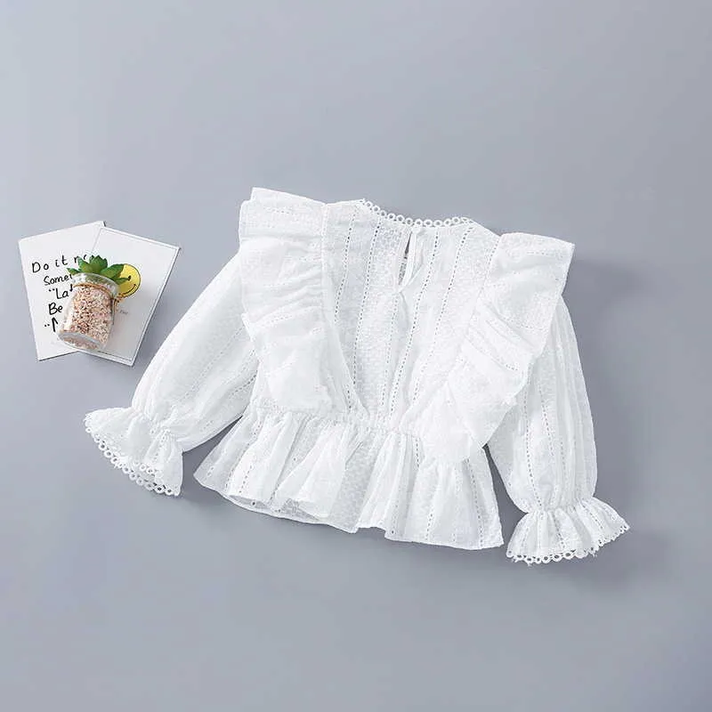 Spring Kids Girls 2-pcs Sets White Lace Long Puff Shirts + High Waist Denim Shorts Children Casual Style Clothes E035 210610