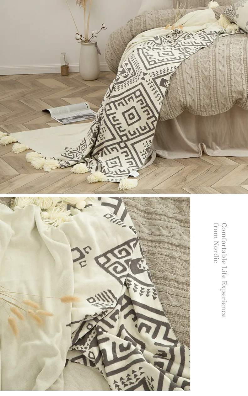 던지기 지중해 스타일 순수한 자연 코튼 니트 침대 담요 절묘한 크로 셰 뜨개질 패턴 아늑한 소파 던지기