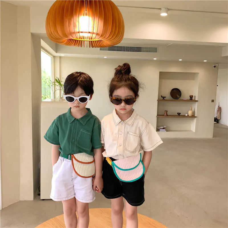Korean style children fashion unisex solid color short sleeve shirts Boys girls loose single breasted Tops 210615