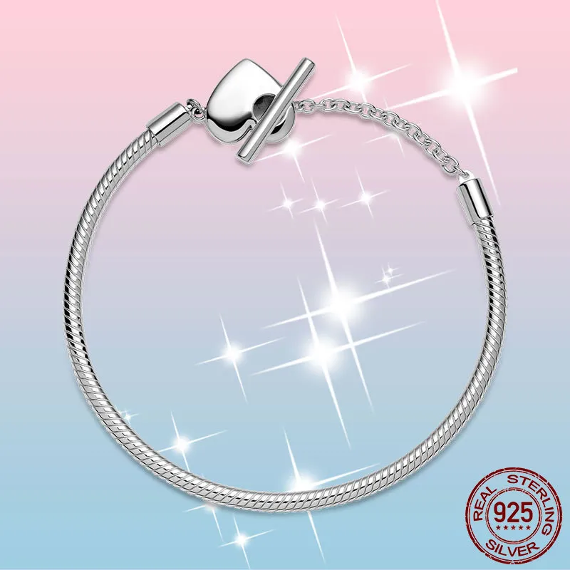 Femme Bracelet 925 Sterling Silver Moments Coeur T-Bar Serpent Chaîne Bracelet pour Femmes Fine Jewelry Gift Pulseira