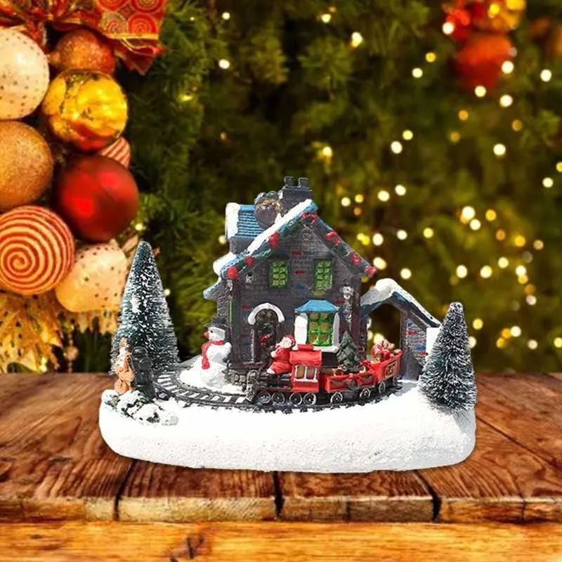 カラーLEDライトクリスマススノースモールトレインビレッジハウス発光樹脂飾りF19B 211018