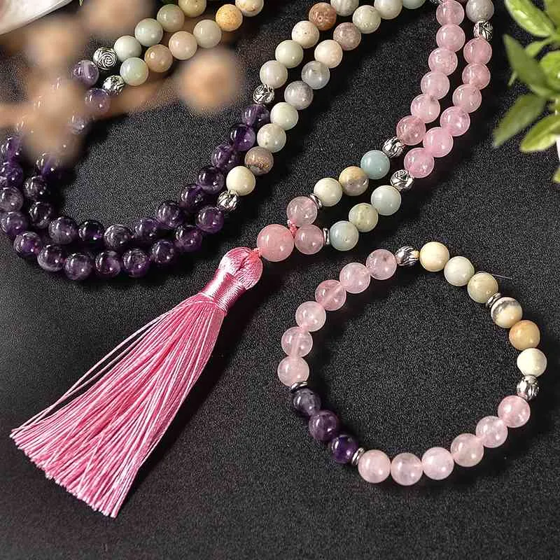 8mm Naturlig Ametystrosa Quartz Ite Beaded Halsband Meditation Yoga Rosary Armband Set 108 Mala Women's Fashion Smycken