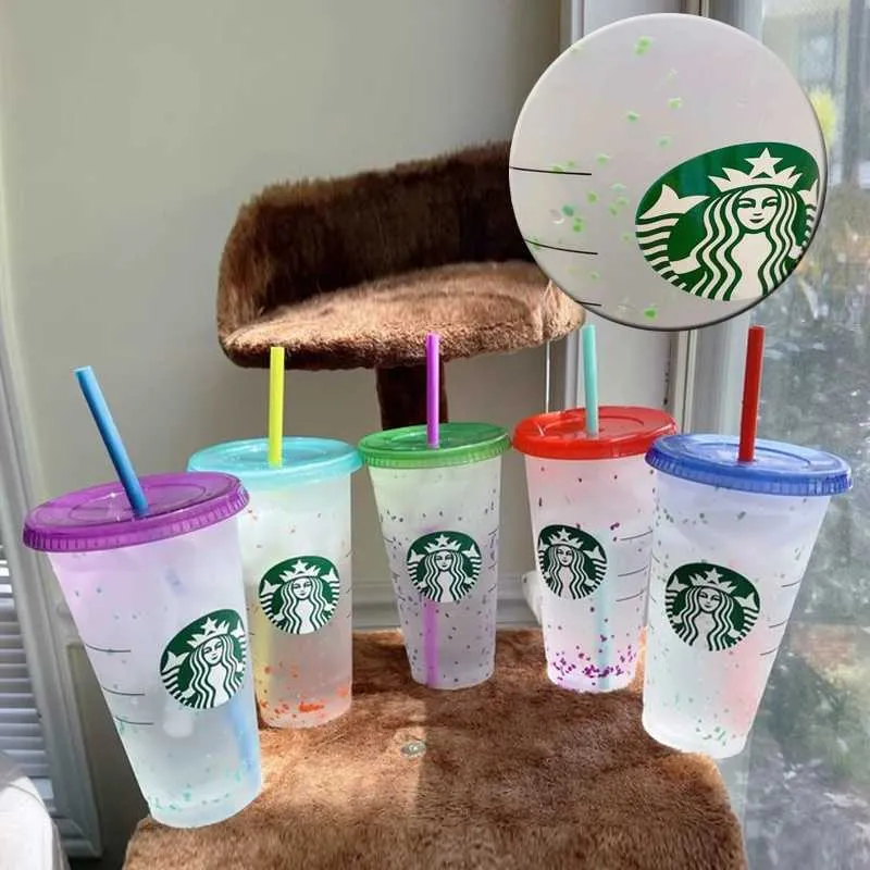 PC'ler Yeniden Kullanılabilir Starbucks Tumbler Renk Değiştiren Soğuk Bardaklar Starbucks Kupası Plastik Tumbler Saman Plastik Kupa Ml Oz Yaz Kolej