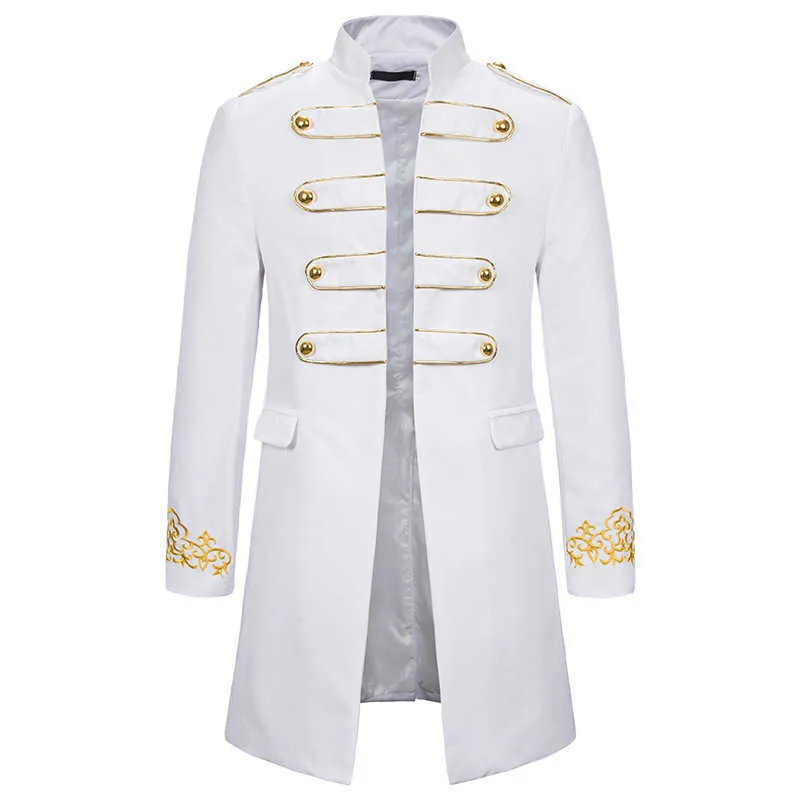 White Stand Collar Embroidery Blazer Men Military Dress Tuxedo Suit Jacket Nightclub Stage Cosplay Masculino 210904306g