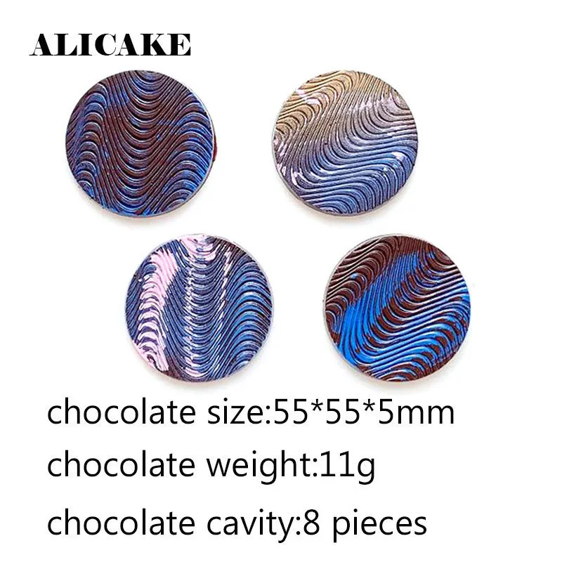 8 Cavity Chocolate Mold Round Wave Shape Polykarbonat Form Mögel Konfektionsbakning Bakning Kakan Dekorationsverktyg 220221243C