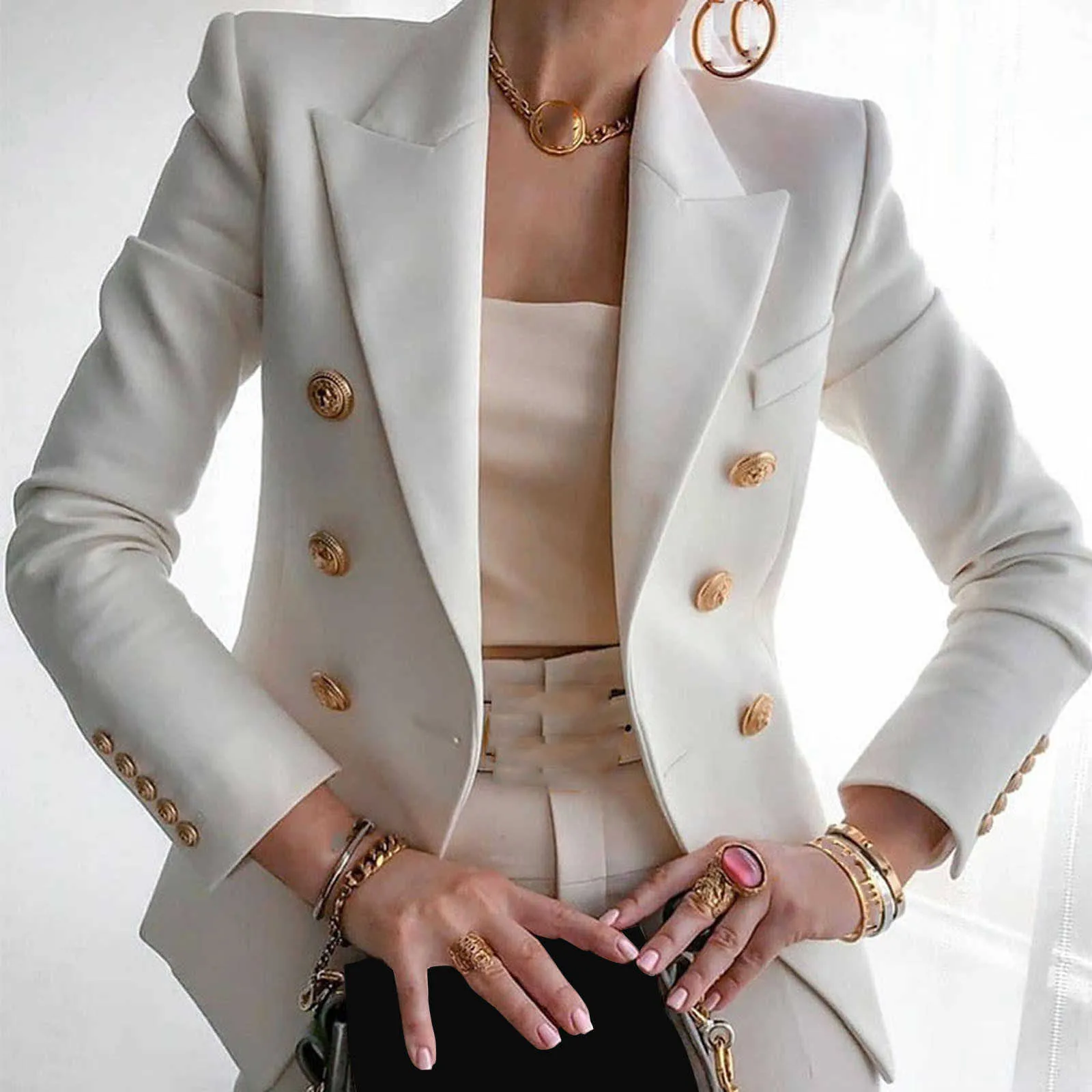 Elegant Business Office Work Women Jackets Lady Solid Button Suit Jacket Coat Outwear Slim V Neck Autumn 211014