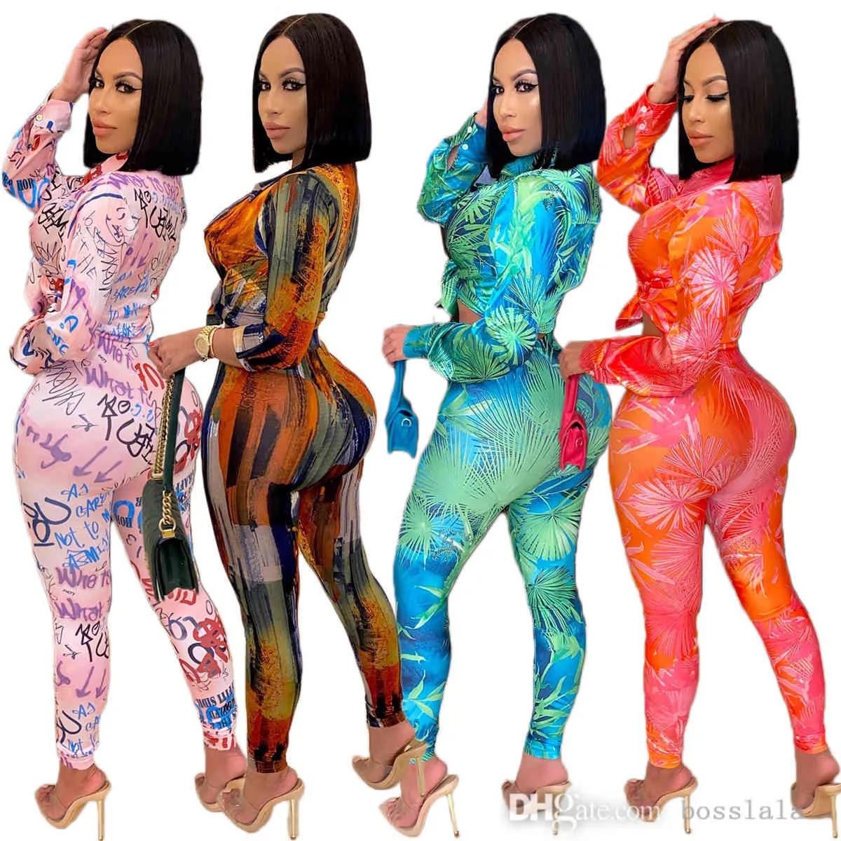 Women Casual Tracksuits Desingner Spring Clothes 2021 New Pattern Letters Printed Tie Dye Shirt Suit Two Piece Set Ladies Fashion Outfits