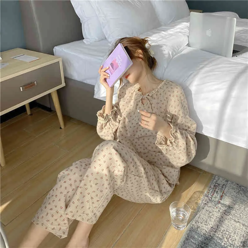Högkvalitativ homewear tryckta blommor bomull prinsessa söta chic flickor stilig sömnkläder försäljning pyjamas set 210525