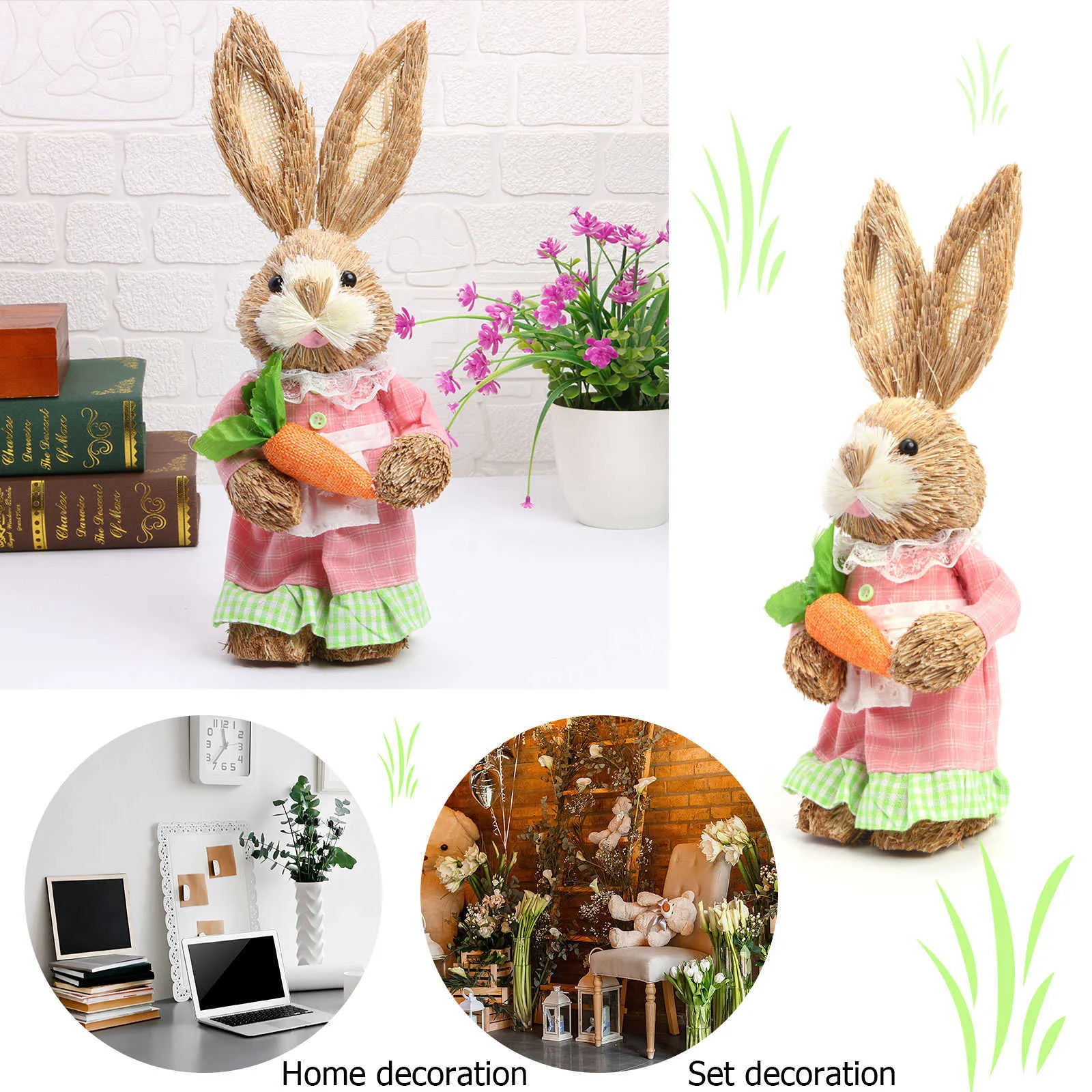 12 Zoll künstliches Stroh-Kaninchen-Ornament, stehende Hasenstatue mit Karotte für Ostern, Themenparty, Hausgarten-Dekoration, Zubehör 21091237v