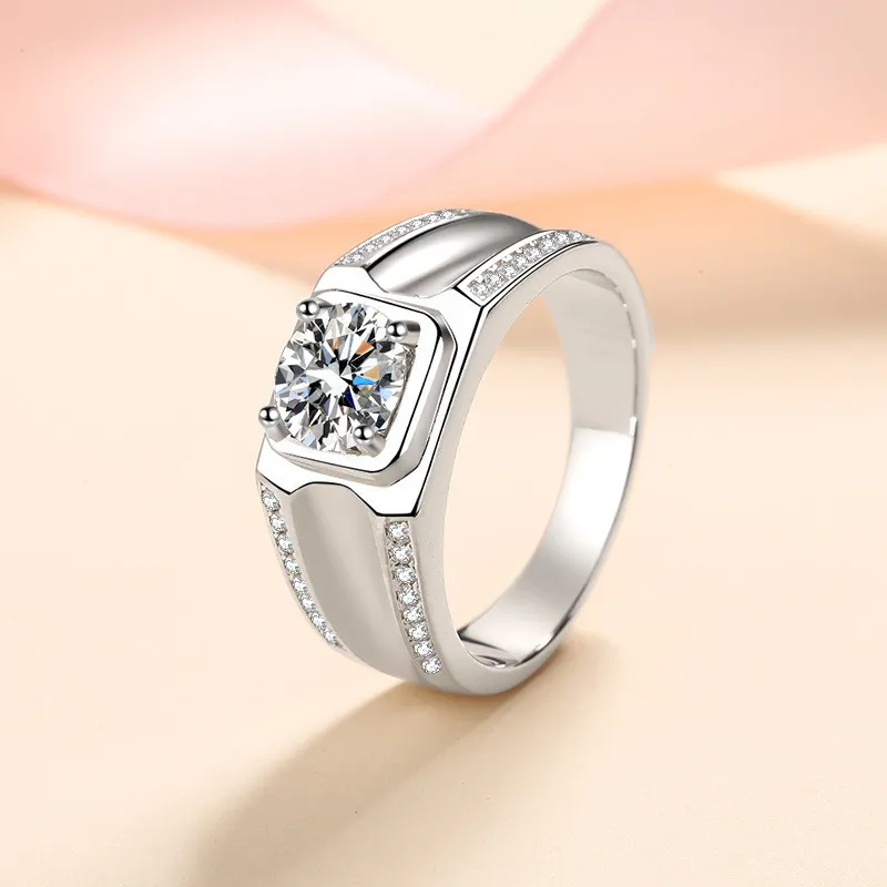Atmosferyczne 925 Sterling Silver Male Pierścień Doskonały Cut Diamond Test 1CT VVS1 D Kolor Moissanite Jewelry