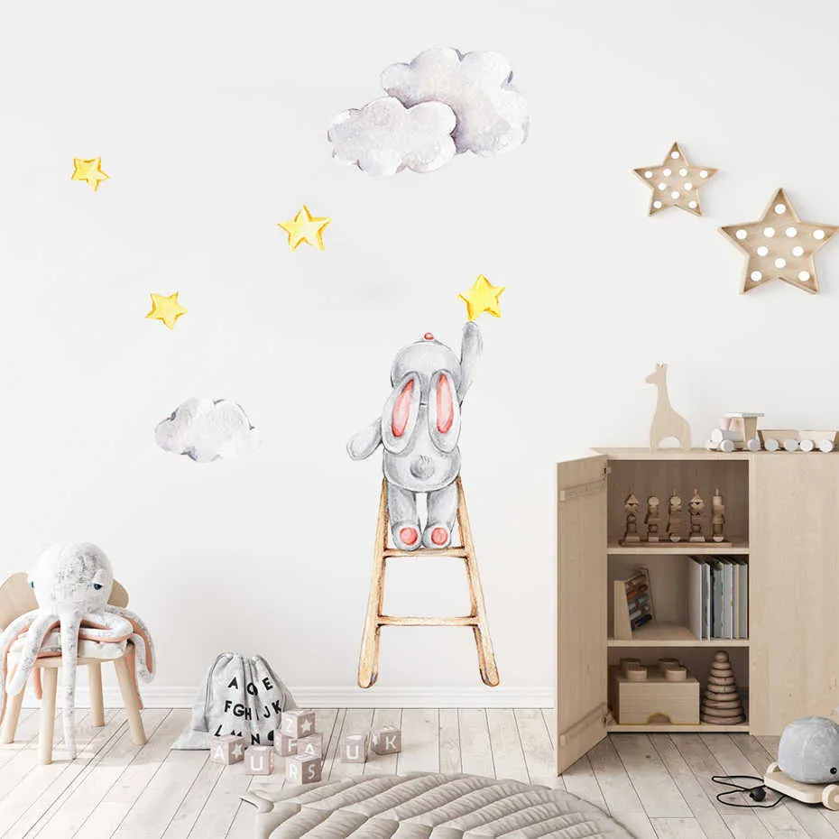 Bunny de aquarela fofa nas escadas estrelas nuvens Decalques de parede removíveis adesivos de arte do berçário Posters PVC Girls Bedroom Decoração de casa 22866281