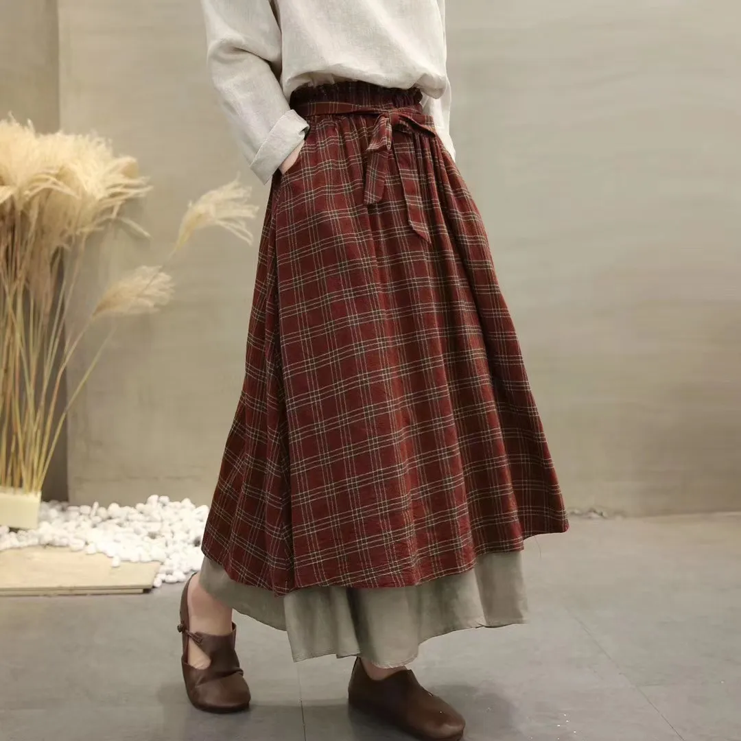 Lamtrip Unique Vintage England plaid Elastic waist A-Line bow belt layers skirt mori girl June new arrival 210306