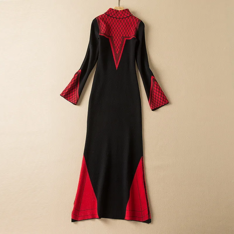 2022 primavera manica lunga colletto alla coreana nero rosso contrasto colore stretch lavorato a maglia lungo maxi abito elegante abiti casual 21D161124