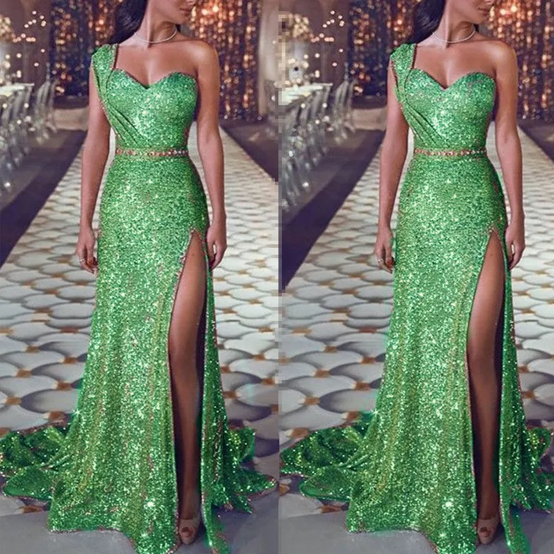 Sparkly Sequined Prom Dresses 2022 Lange Formele Goedkope Sexy Hoge Slit V-hals Mermaid Rose Gold Dubai Dames Formele avondjurken