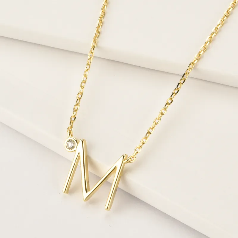 Andywen 925 Sterling Zilver Gold Lether A M Mini Sized Initiële ketting A B C Stone Monogram Hanger Sieraden Luxe Gift Dames 220212
