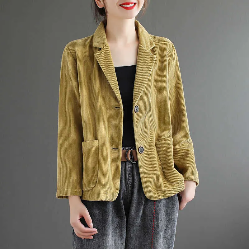 Vintage Women Corduroy Jacket Spring Autumn Coat Ladies Casual Outwears Female Long Sleeve Loose Single Breasted Blazers 210930