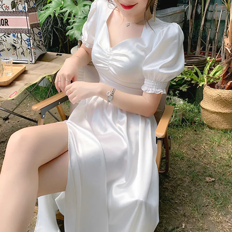 JuneLove Midi Dress Women Elegant Korean Vintage Short Sleeve Summer Split Beach Holiday Dress Party Square Collar Boho Vestidos 210302