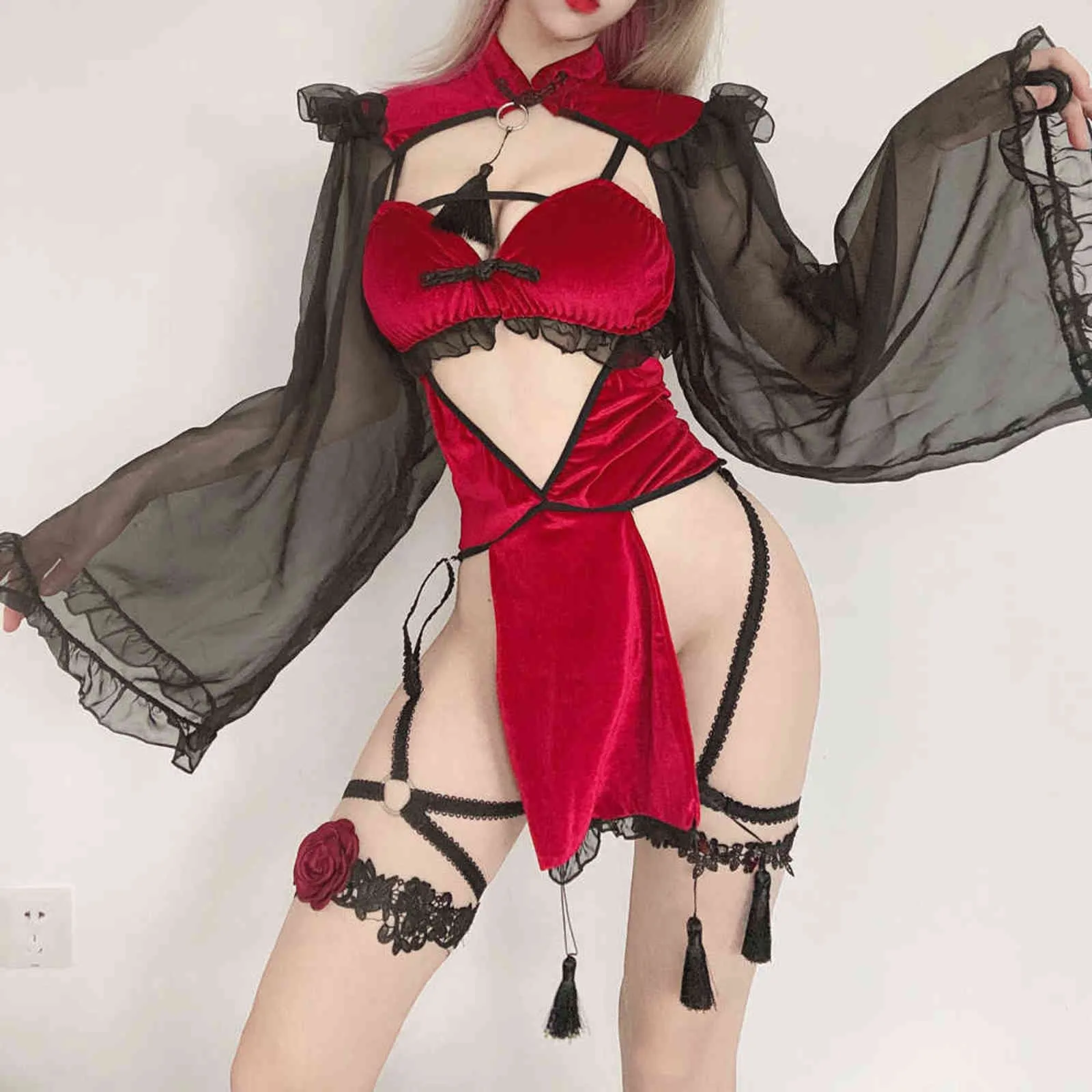 NXY sexy set Dark Retro Witch Sexy Hollow Silk Sleeve Cheongsam Lingerie Set Stretto Game Wear Bandage Performance Costume 1127