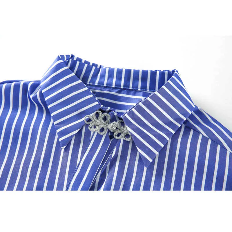 [Deat] camisa de primavera colarinho colar de manga comprida listra única-breasted loosetops irregulares moda 13c416 210527