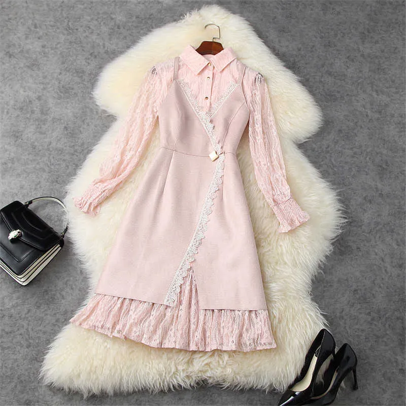 Spring Woman Clothes Elegant Long Sleeve Hollow Lace Dress Suit Casual Sweet Pink Vestidos Party Robe Femme 210601