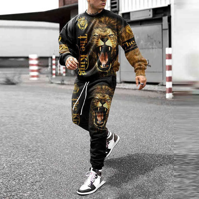 Homens Outfit Streetwear Casual 2 Parte Set 2021 Novo Outono Mens Moda Padrão Imprimir Hoodie Manga Longa + Long Cant Ternos Jogging G1209