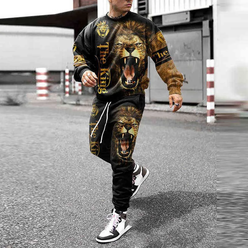 Men Outfit Streetwear Casual Set 2021 New Autumn Mens Fashion Pattern Print Hoodie Long Sleeve + Long Pant Suits Jogging G1209