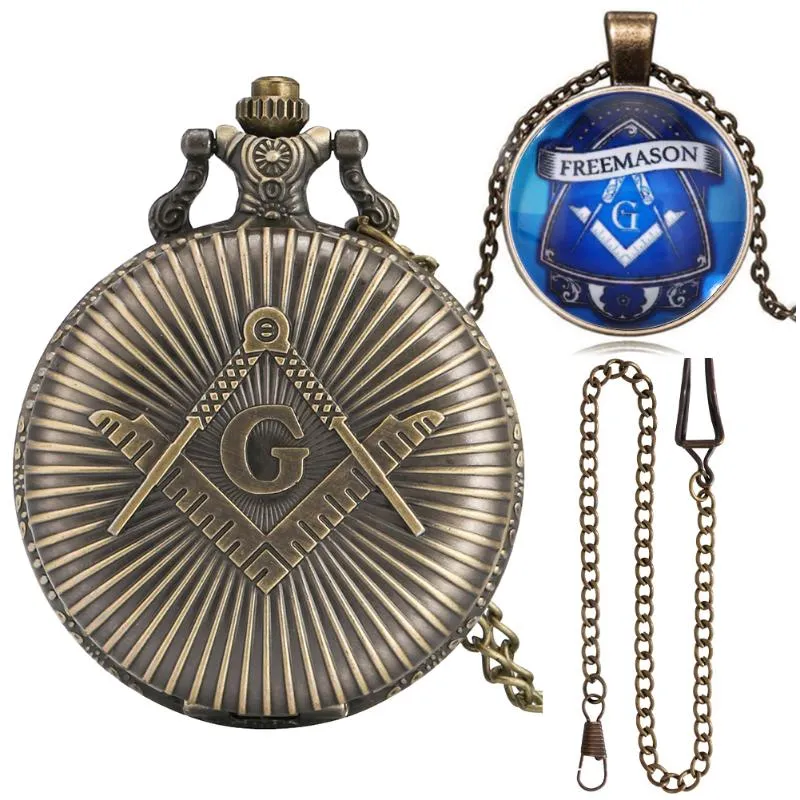 Pocket Watches Retro Men Watch For Necklace Gifts Set With Box Bronze Masonic masonry Pendant Quartz Reloj Hombre281Z