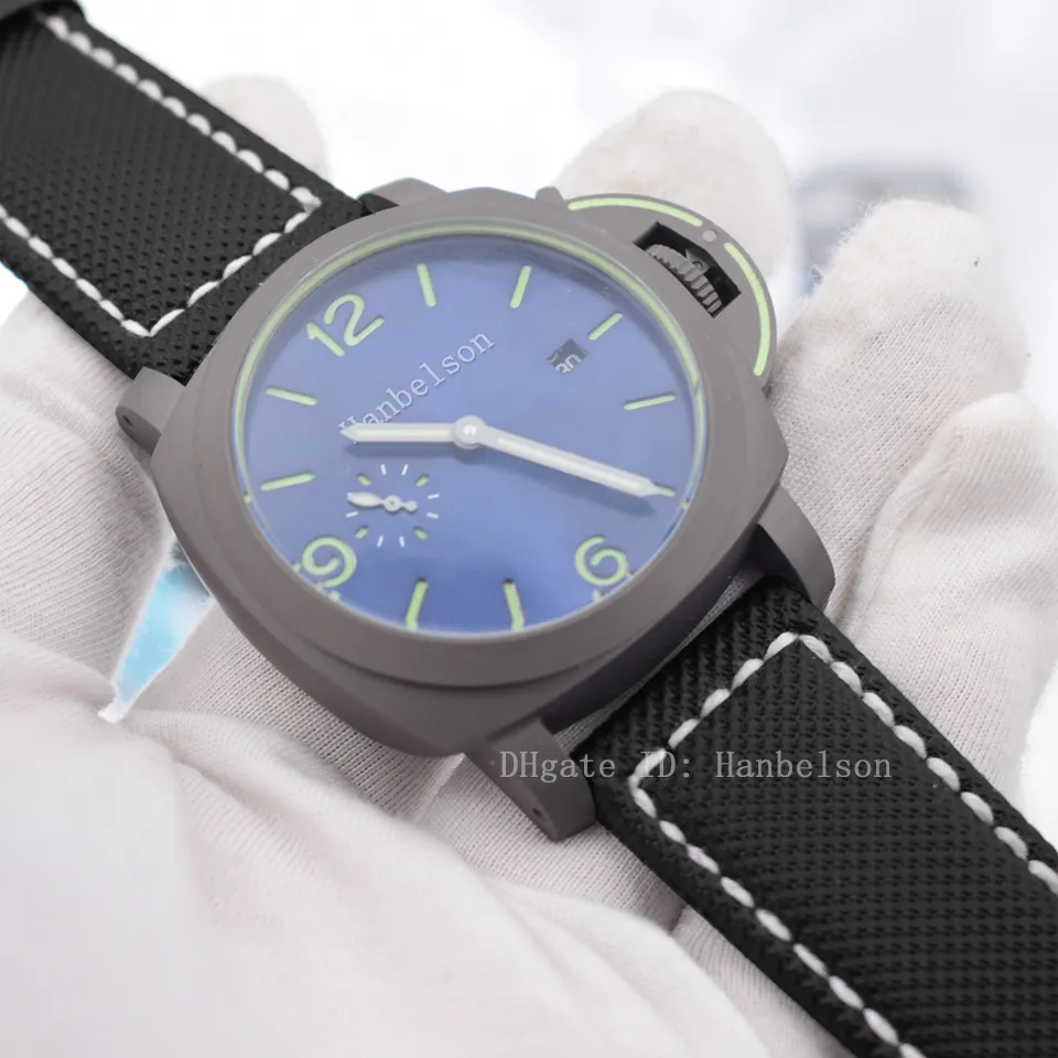 Yeni Erkek Saatler Otomatik Mekanik Kol saatleri Titanyum Kılıf Mavi Deri Kayış 44mm Montre de Luxe Hanbelson266s