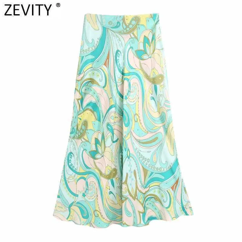 Zevity Femmes Vintage Totem Floral Print Casual Une ligne Jupe Faldas Mujer Femme Retour Zipper Chic Summer Midi Robe QUN795 210730